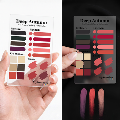 Personal Color Makeup Card for Deep/Dark Autumn from MySwatches showing color-matched lip, eye, blush, and foundation shades for the Deep/Dark Autumn color season