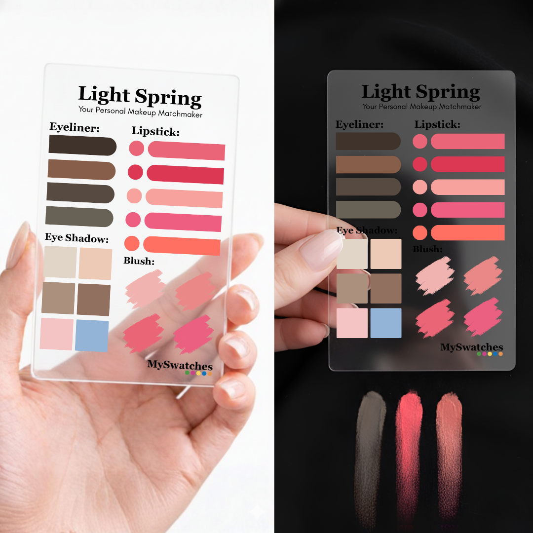 Personal Color Makeup Card for Light Spring from MySwatches showing color-matched lip, eye, blush, and foundation shades for the Light Spring color season.