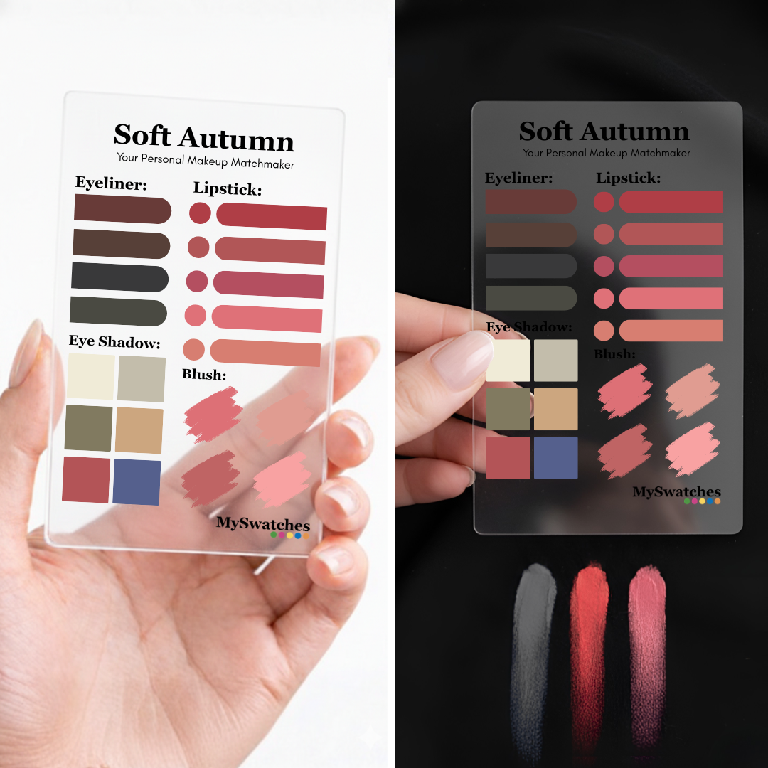 Personal Color Makeup Card for Soft Autumn from MySwatches showing color-matched lip, eye, blush, and foundation shades for the Soft Autumn color season.