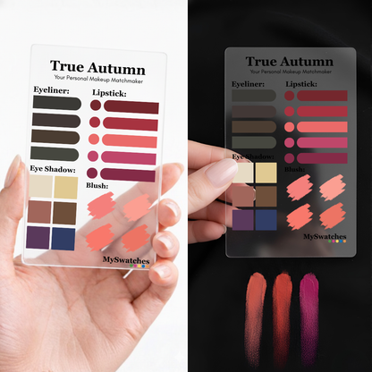 Personal Color Makeup Card for True Autumn from MySwatches showing color-matched lip, eye, blush, and foundation shades for the True Autumn color season.