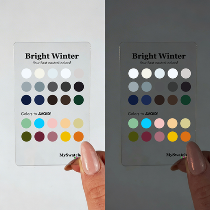 Personal Color Neutrals & Avoid Card for Bright Winter from MySwatches showing best neutral shades and colors to avoid for the Bright Winter color season.