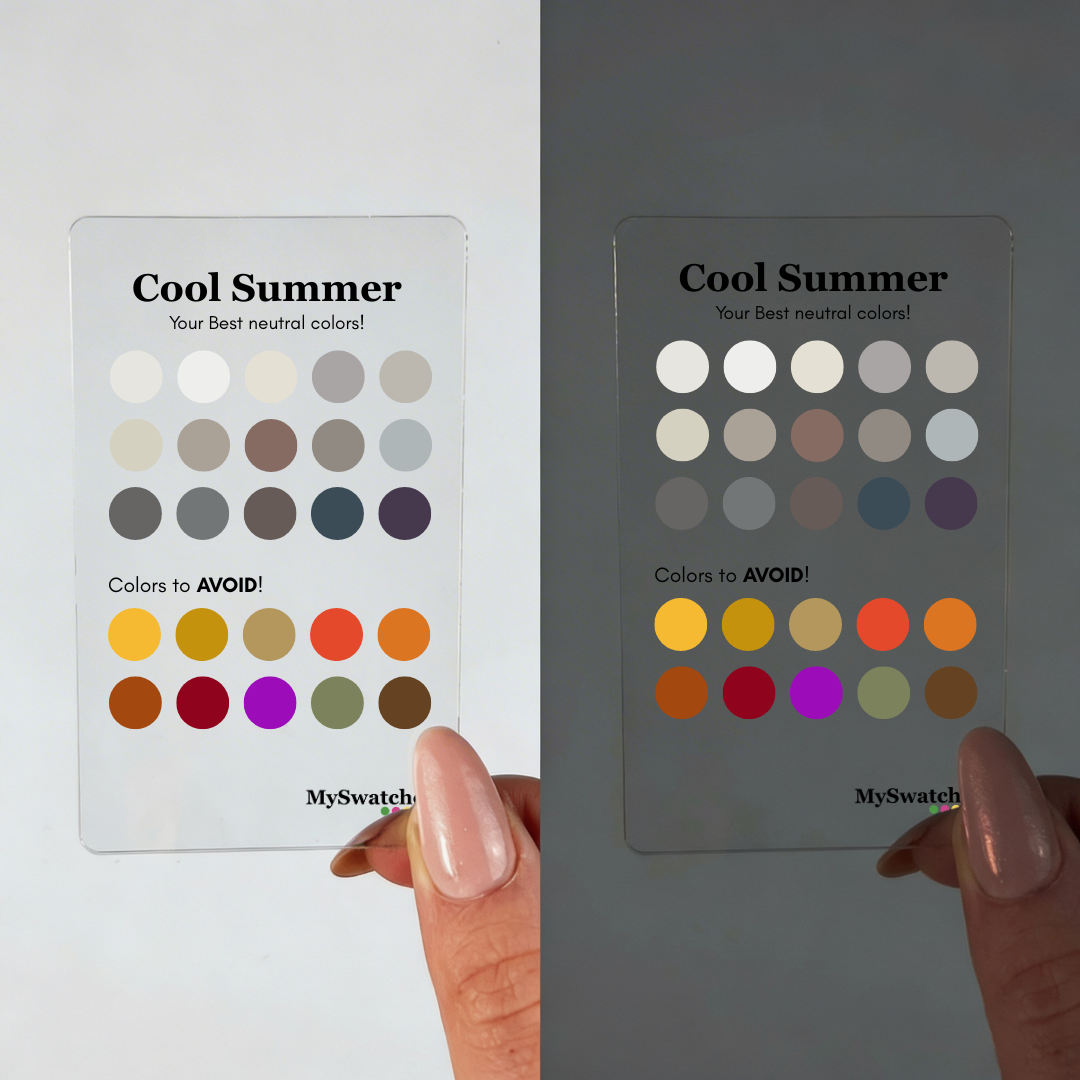 Personal Color Neutrals & Avoid Card for Cool Summer from MySwatches showing best neutral shades and colors to avoid for the Cool Summer color season.