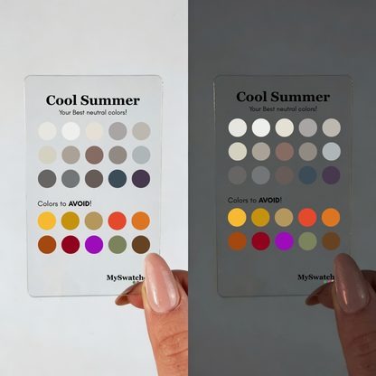 Personal Color Neutrals & Avoid Card for Cool Summer from MySwatches showing best neutral shades and colors to avoid for the Cool Summer color season.