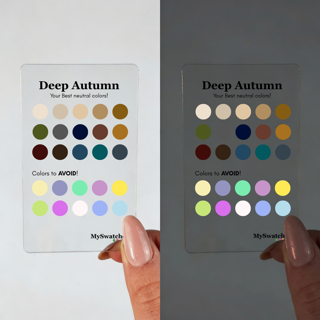 Personal Color Neutrals & Avoid Card for Deep/Dark Autumn from MySwatches showing best neutral shades and colors to avoid for the Deep/Dark Autumn color season.