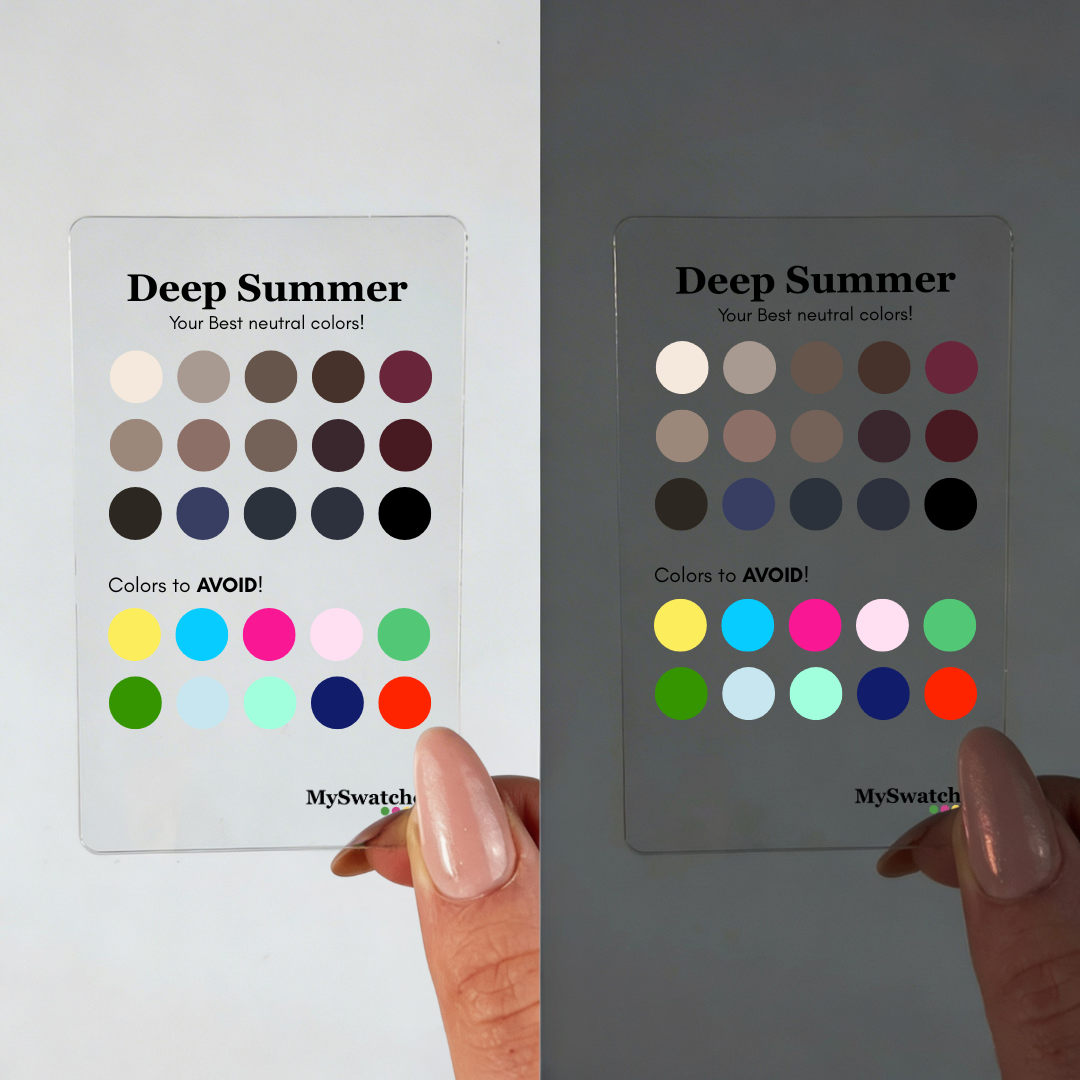Personal Color Neutrals & Avoid Card for Deep Summer from MySwatches showing best neutral shades and colors to avoid for the Deep Summer color season.