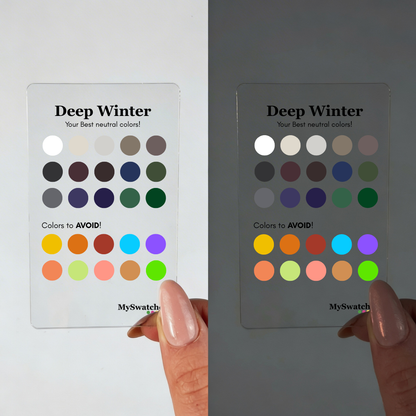 Personal Color Neutrals & Avoid Card for Deep Winter from MySwatches showing best neutral shades and colors to avoid for the Deep Winter color season.