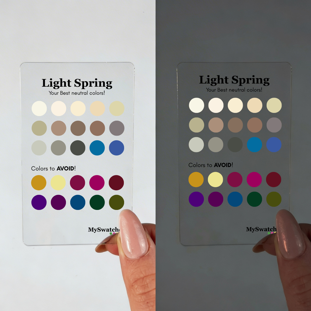 Personal Color Neutrals & Avoid Card for Light Spring from MySwatches showing best neutral shades and colors to avoid for the Light Spring color season.