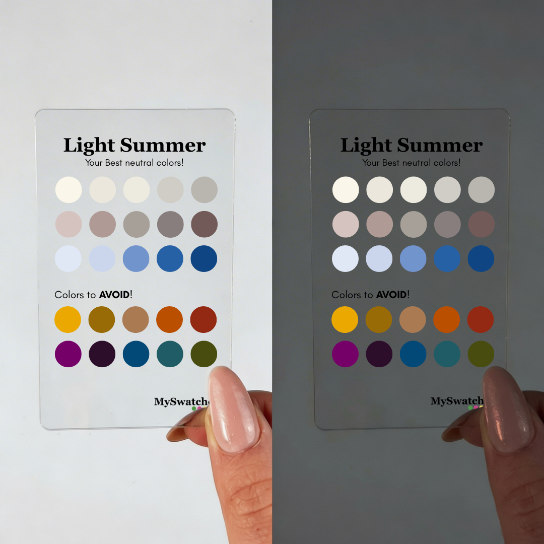 Personal Color Neutrals & Avoid Card for Light Summer from MySwatches showing best neutral shades and colors to avoid for the Light Summer color season.