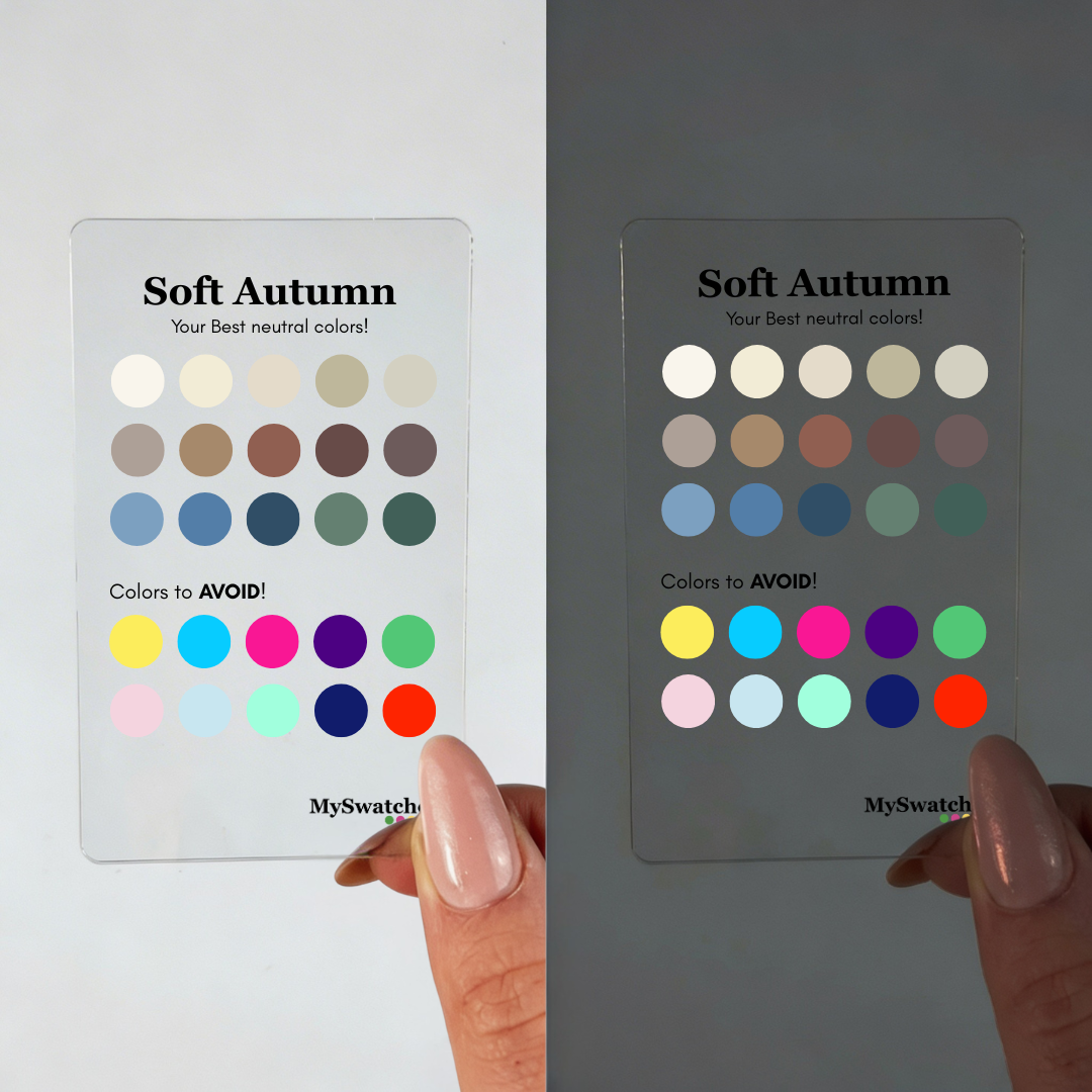 Personal Color Neutrals & Avoid Card for Soft Autumn from MySwatches showing best neutral shades and colors to avoid for the Soft Autumn color season.