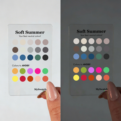 Personal Color Neutrals & Avoid Card for Soft Summer from MySwatches showing best neutral shades and colors to avoid for the Soft Summer color season.