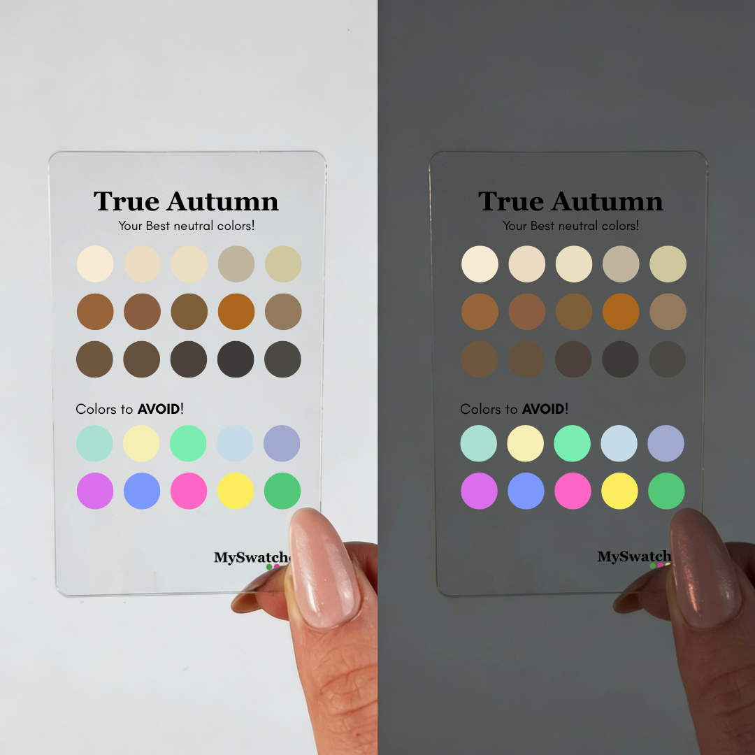 Personal Color Neutrals & Avoid Card for True Autumn from MySwatches showing best neutral shades and colors to avoid for the True Autumn color season.