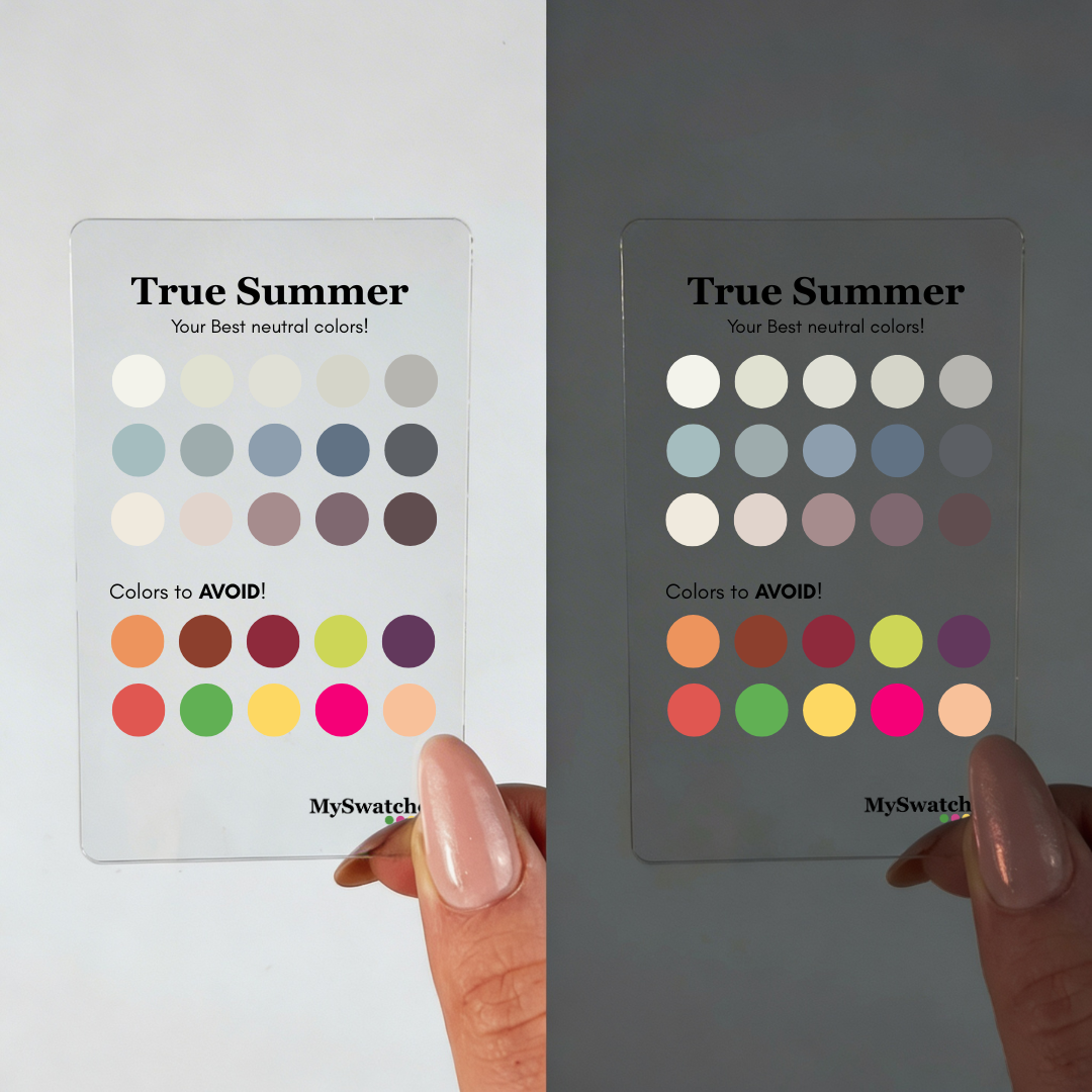 Personal Color Neutrals & Avoid Card for True Summer from MySwatches showing best neutral shades and colors to avoid for the True Summer color season.
