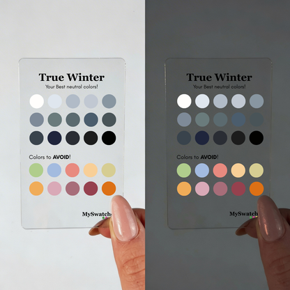 Personal Color Neutrals & Avoid Card for True Winter from MySwatches showing best neutral shades and colors to avoid for the True Winter color season.
