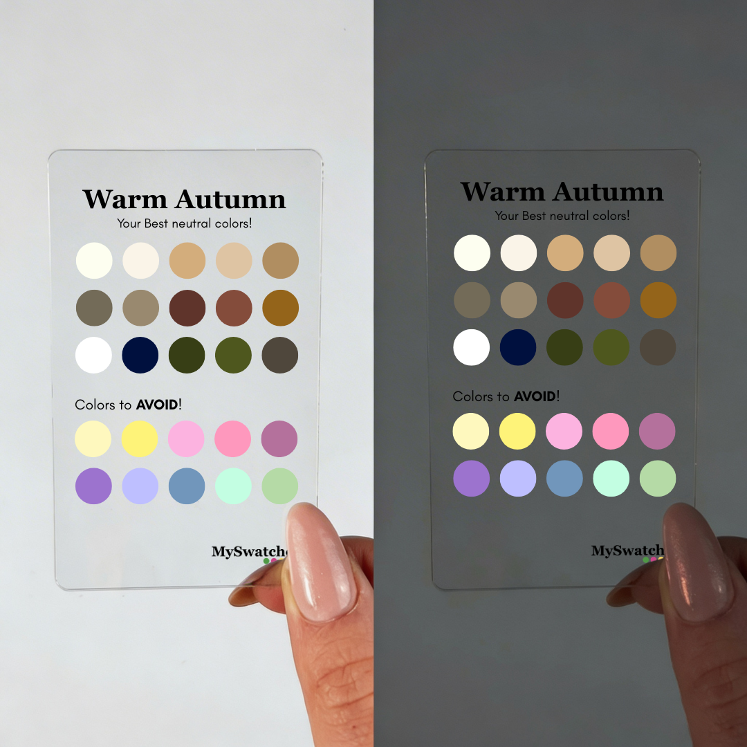 Personal Color Neutrals & Avoid Card for Warm Autumn from MySwatches showing best neutral shades and colors to avoid for the Warm Autumn color season.