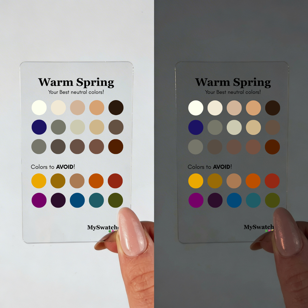 Personal Color Neutrals & Avoid Card for Warm Spring from MySwatches showing best neutral shades and colors to avoid for the Warm Spring color season.