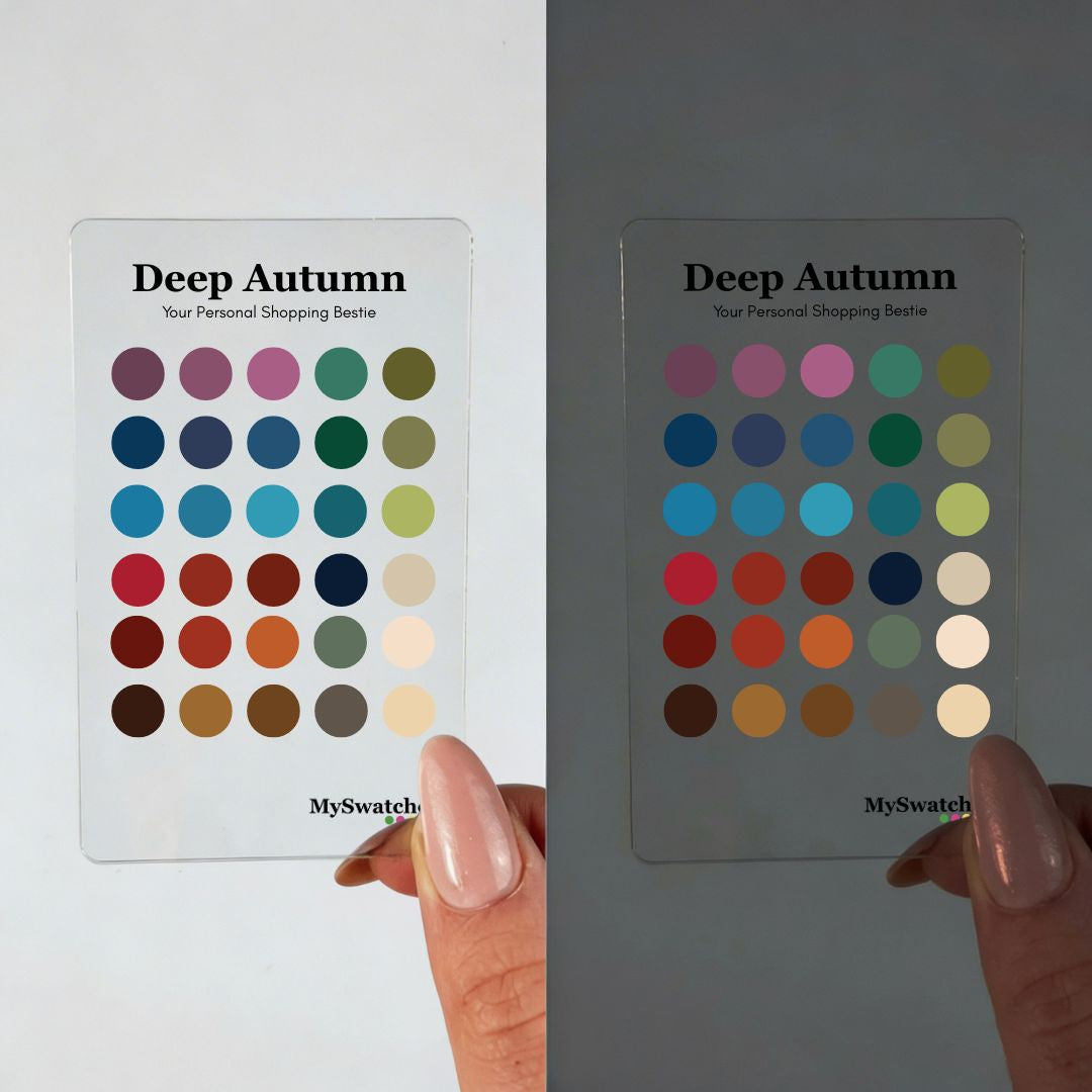 Deep Autumn personal color swatch card from MySwatches showing your full Dark Autumn palette of burgundy, forest green, deep teal, and espresso shades.