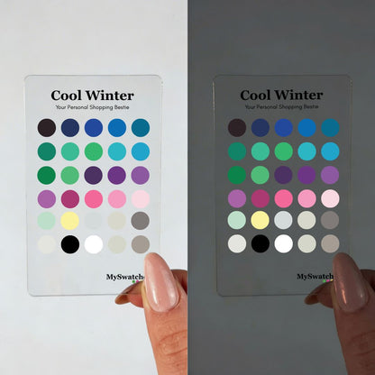 Personal Color Swatch Card for Cool Winter from MySwatches showing your full Cool Winter palette of cool red, ice blue, pure white, and charcoal shades for wardrobe matching.