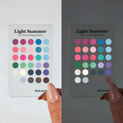 Personal Color Swatch Card for Light Summer from MySwatches showing your full Light Summer palette of powder blue, soft lavender, rose pink, and pale teal shades.