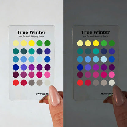 Personal Color Swatch Card for True Winter from MySwatches showing your full True Winter palette of cool red, ice blue, pure white, and charcoal shades.