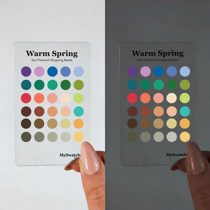 Personal Color Swatch Card for Warm Spring from MySwatches showing your full Warm Spring palette of tomato red, apricot, warm gold, and leafy green shades.
