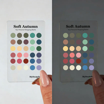 Soft Autumn personal color swatch card from MySwatches showing your full Soft Autumn palette of terracotta, sage, dusty gold, and warm beige shades.