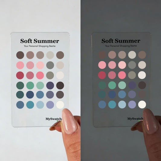 Soft Summer personal color swatch card from MySwatches showing your full Soft Summer palette of muted dusty rose, sage, slate blue, and soft taupe shades.