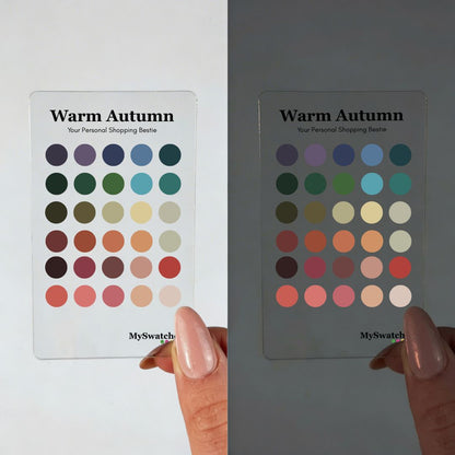 Personal Color Swatch Card for Warm Autumn from MySwatches showing your full Warm Autumn palette of rust, olive, mustard, and deep teal shades.